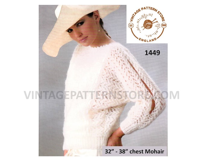 Ladies Womens 90s round neck picot edge split sleeve lacy dolman mohair sweater jumper pdf knitting pattern 32" to 38" PDF Download 1449