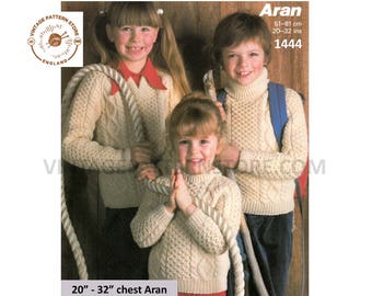 Childrens Cable Aran Sweater Knitting Pattern, (PDF Pattern) 20"-32" Chest