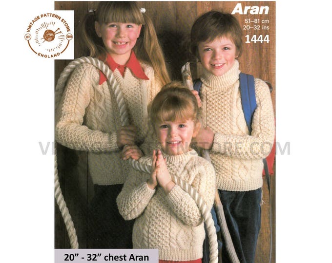 Boys Girls 80s vintage V crew or polo neck cable cabled raglan aran sweater jumper pullover pdf knitting pattern 20" to 32" Download 1444