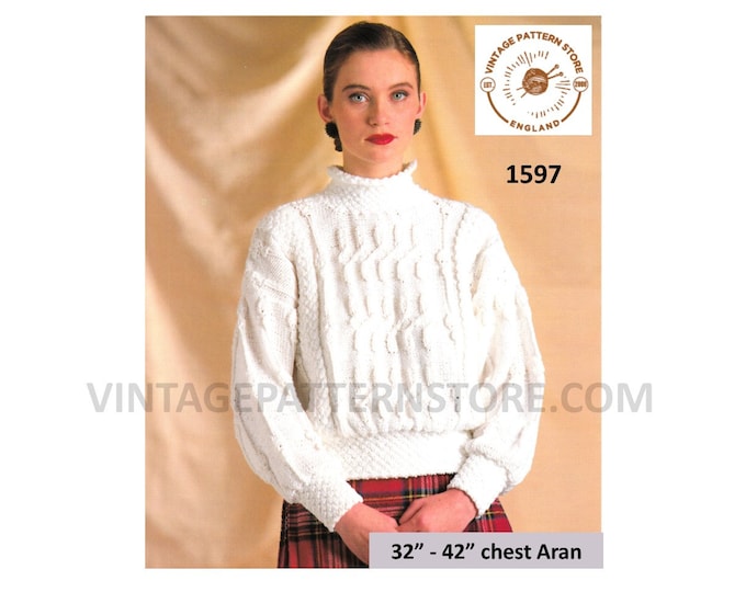 Ladies Womens 90s funnel neck drop shoulder cable cabled raglan aran sweater jumper pdf knitting pattern 32" to 42" chest PDF Download 1597