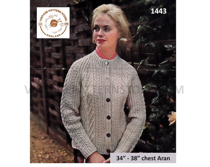 Ladies Womens 50s vintage round neck cable cabled raglan aran jacket cardigan pdf knitting pattern 34" to 38" chest Instant Download 1443
