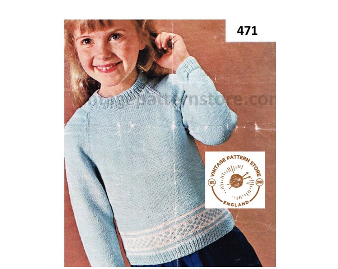 Girls 80s vintage 4 ply crew neck fair isle banded raglan sweater jumper pullover pdf knitting pattern 20" to 24" chest Instant Download 471