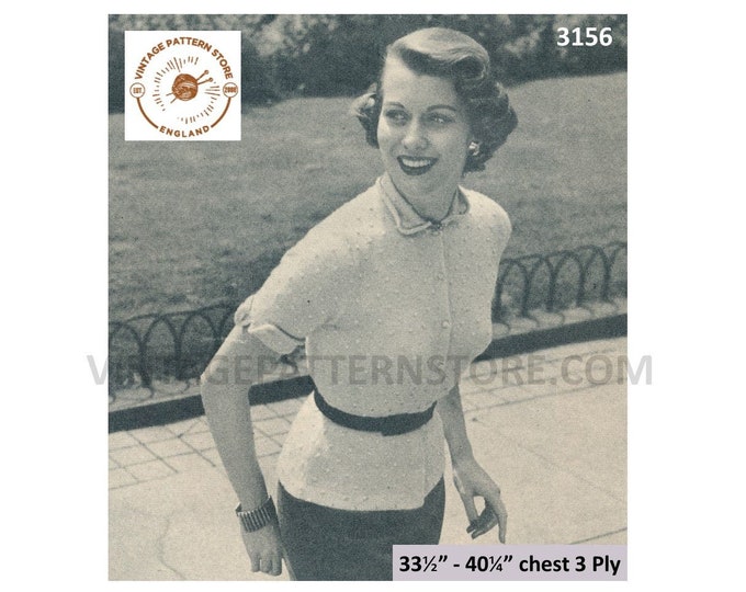 Ladies Womens 50s vintage round neck collared polka dot short sleeve raglan cardigan pdf knitting pattern 33.5" to 40.25" PDF Download 3156