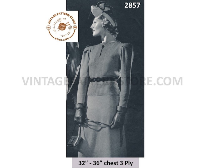 Ladies Womens 30s vintage 3 ply zip neck ribbed rib panel boxy raglan sweater & A line skirt pdf knitting pattern 32" to 36" Download 2857