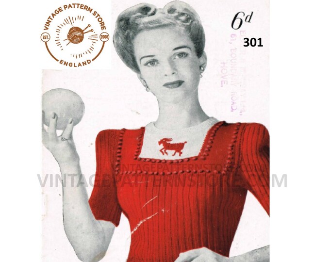 Ladies Womens 40s vintage boxy box shoulder short sleeve rib ribbed zodiac sweater jumper pdf knitting pattern 34" to 36" chest download 301