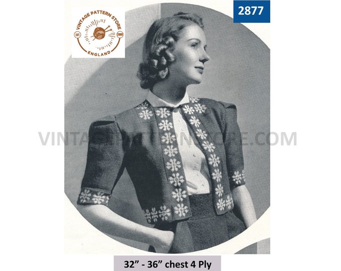 Ladies Womens 30s vintage 4 ply round neck fair isle edged short sleeve boxy bolero jacket pdf knitting pattern 32" to 36" PDF download 2877