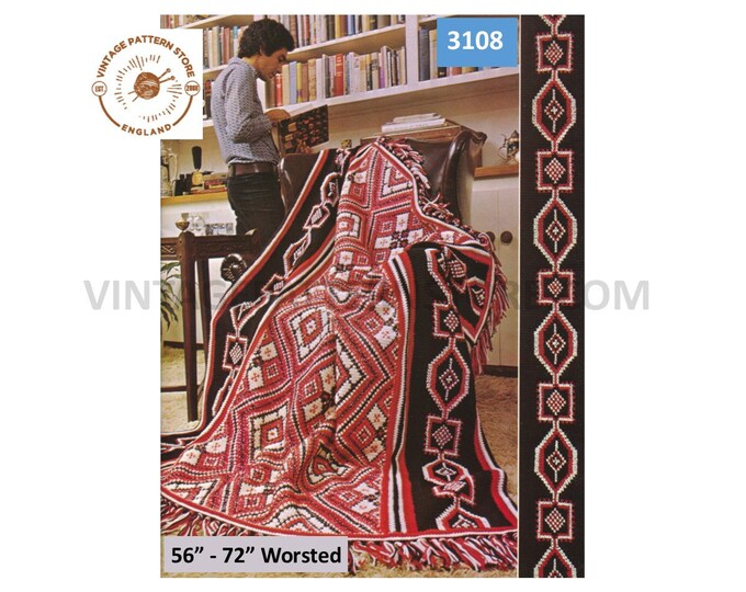 70s vintage retro worsted embroidered afghan throw pdf crochet pattern 56" by 72" Instant PDF download 3108