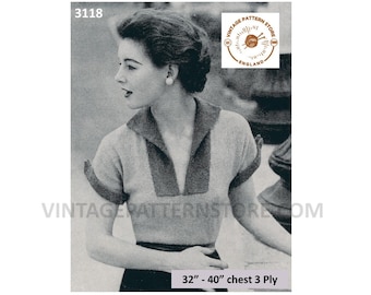 50s Vintage Split Neck Sweater Knitting Pattern (32-38" Bust) (PDF Pattern)