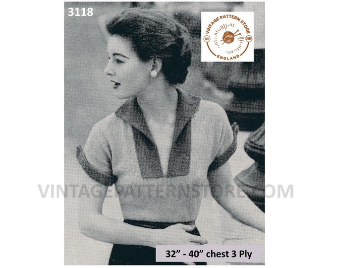 Ladies Womens 50s vintage 3 ply split neck short sleeve sweater jumper blouse PDF knitting pattern 32" to 38" bust PDF Download 3118