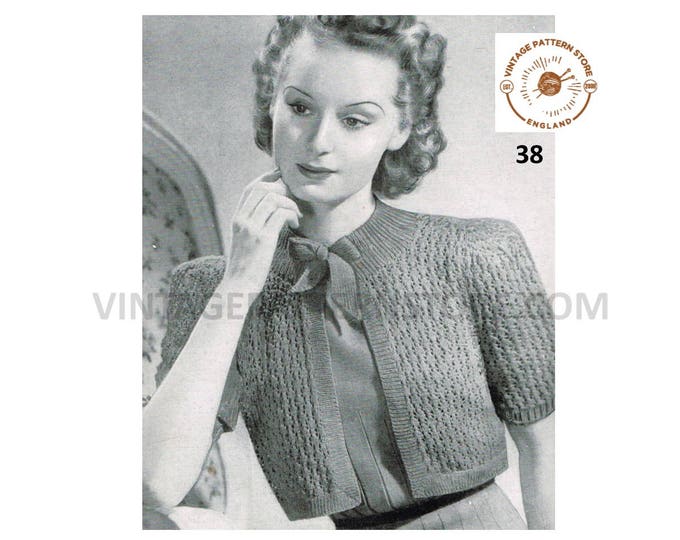 Ladies Womens 40s vintage 3 ply box boxy shoulder ribbon tie bolero evening jacket pdf knitting pattern 35" chest Instant PDF download 38