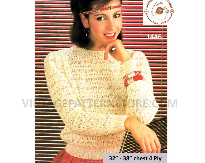 Ladies Womens 80s vintage 4 ply round neck string lace lacy raglan sweater jumper pdf knitting pattern 32" to 38" chest PDF Download 1446