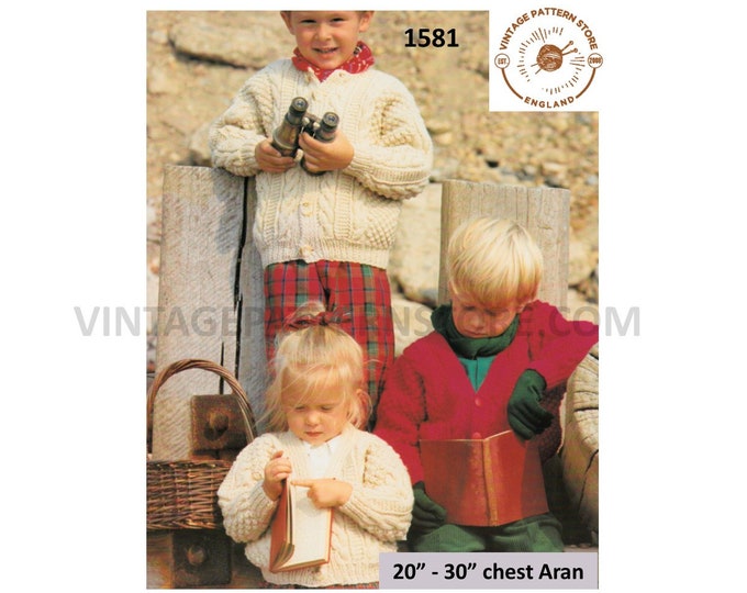 Boys Girls 90s crew or V neck cable cabled drop shoulder dolman aran cardigan jacket pdf knitting pattern 20" to 30" chest PDF Download 1581