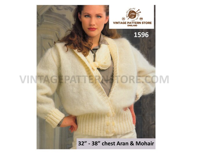 Ladies Womens 90s V neck shawl collar boxy drop shoulder loose fit dolman mohair jacket pdf knitting pattern 32" to 38" PDF Download 1596