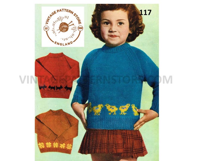 Girls Boys 80s DK Scottie dog four leaf clover or chick intarsia raglan sweater jumper pdf knitting pattern Ages 1 to 4 PDF Download 117