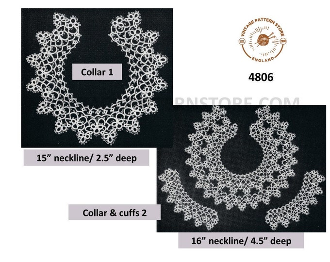 80s vintage tatted lace lacy dress collar and cuffs pdf tatting pattern 2 collars to make Instant PDF Download 4806