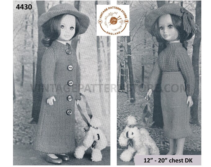 80s vintage 12" 14" 16" 18" 20" DK doll clothes outdoor set with long line coat hat skirt and blouse pdf knitting pattern Download 4430