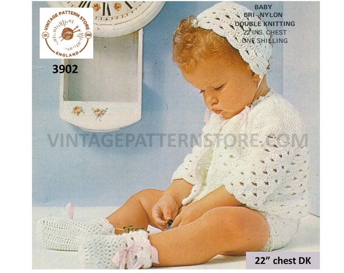 Baby Babies 70s vintage bold lacy ribbon tie DK matinee coat bonnet and booties bootees pdf crochet pattern 22" chest PDF download 3902
