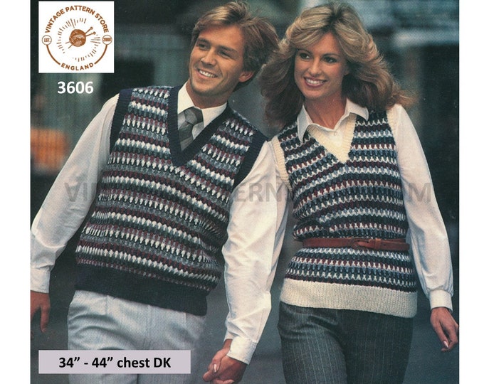 Ladies Womens Mens 80s vintage V neck fair isle DK tank top slipover sleeveless sweater vest pdf knitting pattern 34" to 44" Download 3606