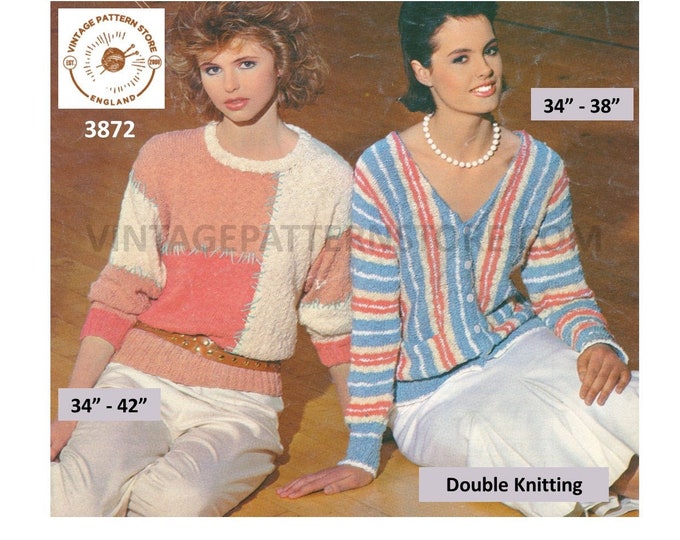 Ladies Womens 80s DK V neck striped cardigan and patchwork sweater jumper pdf knitting pattern 34" to 38" & 34" to 42" chest download 3872