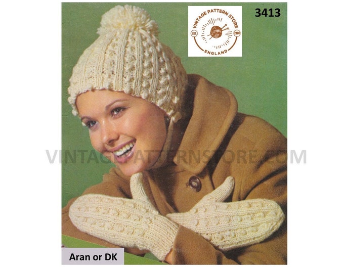 Ladies Womens 60s vintage retro aran or DK cable cabled toque hat and mittens pdf knitting pattern Adult size Instant PDF Download 3413