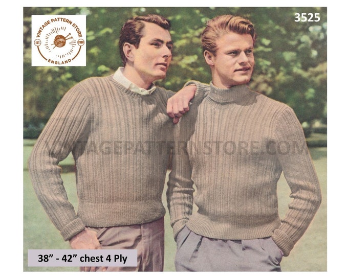 Mens Mans 50s 4 ply polo or round neck rib ribbed raglan jumper sleeveless sweater vest tank top pdf knitting pattern 38"  42" Download 3525