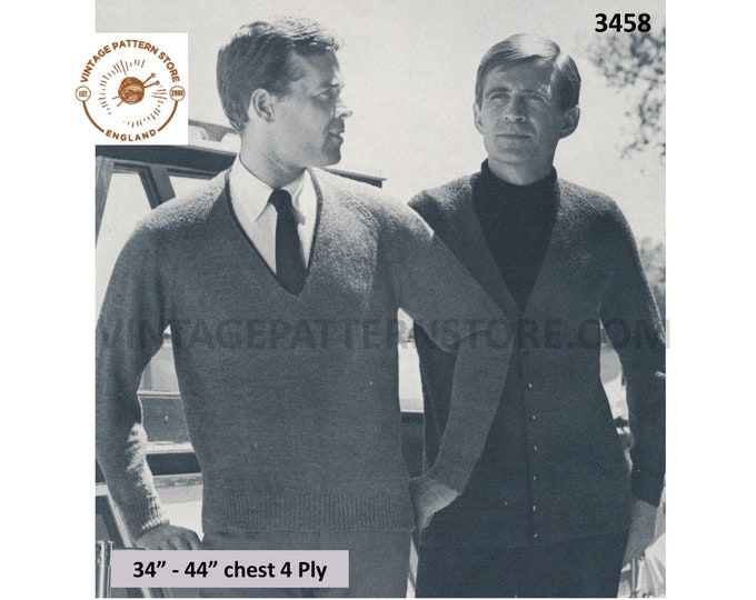 Mens Mans 60s vintage easy to knit V neck 4 ply cardigan sweater jumper & polo neck dickie pdf knitting pattern 34" to 44" Download 3458