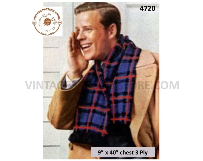 Mens Mans 50s vintage 3 ply Scottish tartan scarf pdf knitting pattern 9" by 40" chest Download 4720