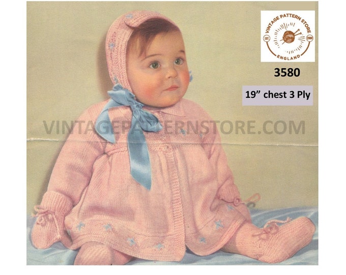 Baby Babies 50s vintage 3 ply matinee coat jacket bonnet mittens & leggings pram set layette pdf knitting pattern 19" chest download 3580