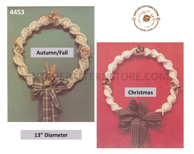 70s vintage macrame Christmas half knot spiral twist door wreath decoration ornament pdf macrame pattern 13" diameter PDF download 4453