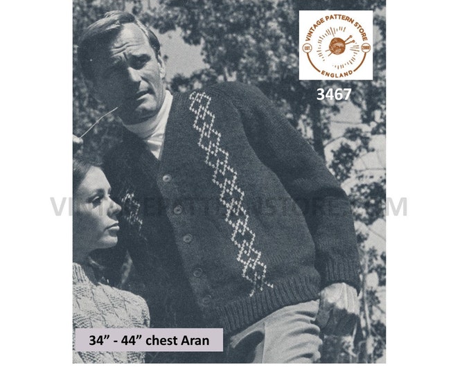 Mens Mans 60s vintage retro V neck diamond panel aran raglan cardigan pdf knitting pattern 34" to 44" Instant PDF download 3467