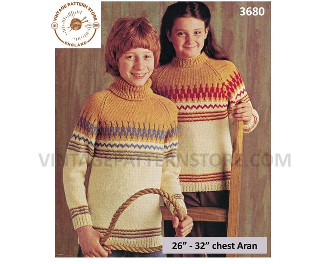 Girls Boys Childrens 80s vintage crew or polo neck fair isle raglan aran sweater jumper pdf knitting pattern 26" to 32" PDF download 3680