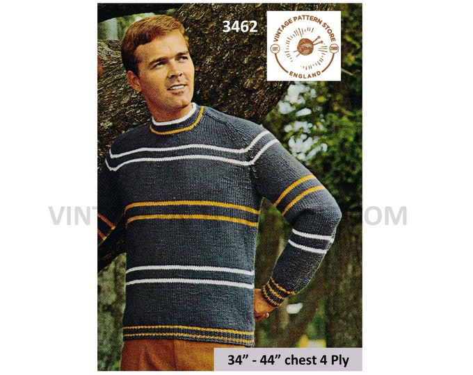 Mens Mans 60s vintage 4 ply or aran crew neck striped raglan sweater jumper pullover pdf knitting pattern 34" to 44" PDF download 3462