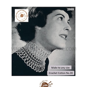 Puede incluir: Patrón de ganchillo vintage para un cuello, con un primer plano de una mujer usando el cuello terminado. El patrón es para algodón de ganchillo número 20 y se puede hacer en cualquier tamaño. El patrón es de Vintage Pattern Store, Inglaterra.