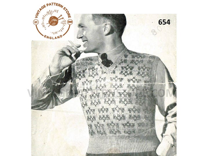 Mans Mens 40s vintage 4 ply V neck fair isle sleeveless sweater vest slipover tank top pdf knitting pattern 40" chest Instant Download 654