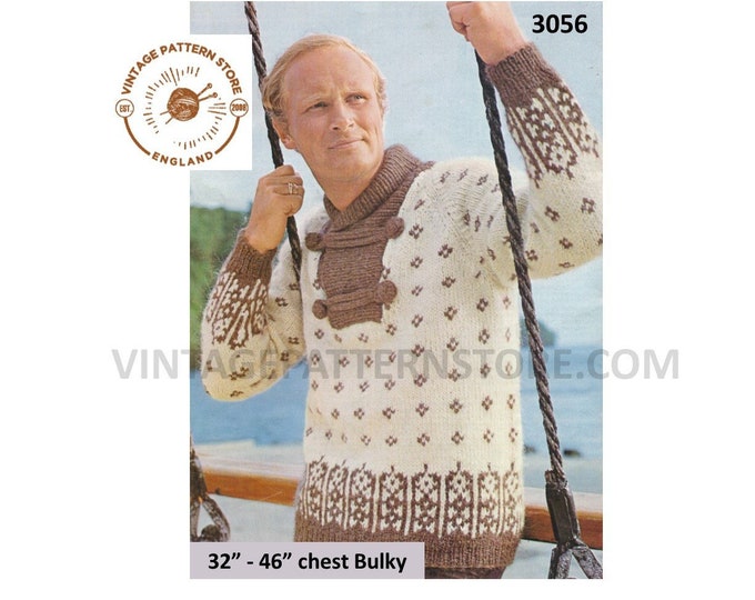 Mens Mans 80s vintage bulky knit crossover shawl collar fair isle raglan sweater jumper pdf knitting pattern 32" to 46" chest Download 3056