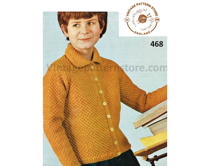 Girls 70s vintage DK round neck collared textured raglan cardigan jacket pdf knitting pattern 28" to 32" chest Instant PDF Download 468