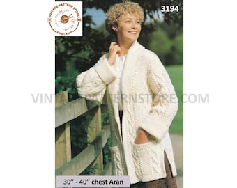 Ladies Womens 90s shawl collar cabled cable & texture drop shoulder dolman aran jacket coat pdf knitting pattern 30" to 40" Download 3194