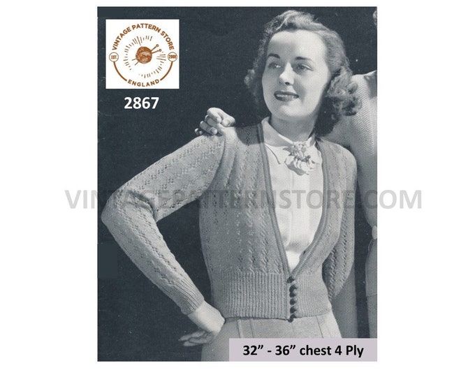 Womens Ladies 30s vintage 4 ply V neck lacy striped button welt raglan cardigan pdf knitting pattern 32" to 36" chest Instant Download 2867