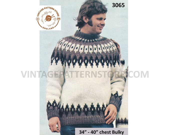 Mens Mans 80s vintage crew neck bulky knit fair isle yoke yoked raglan sweater jumper pdf knitting pattern 34" to 40" chest Download 3065