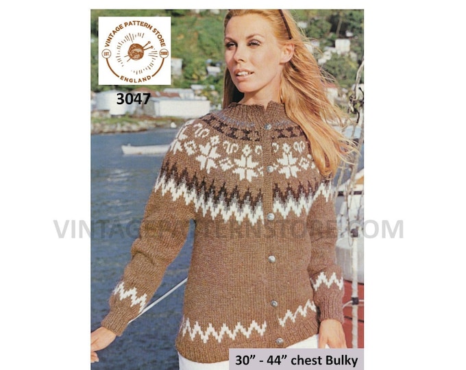 Ladies Womens 80s vintage bulky knit crew neck fair isle yoke yoked raglan cardigan jacket pdf knitting pattern 30" to 44" Download 3047