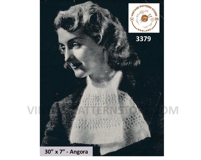 Ladies 40s angora scarf knitting pattern, Ladies Womens 40s lacy striped eyelet lace angora scarf pattern - 7" x 30" - PDF Download 3379