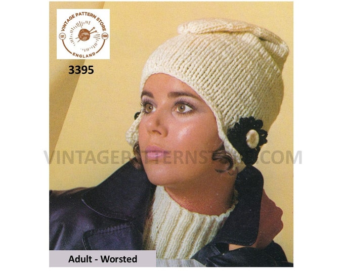 Ladies Womens 60s vintage worsted envelope hat cap toque pdf knitting pattern Adult Size Instant PDF Download 3395