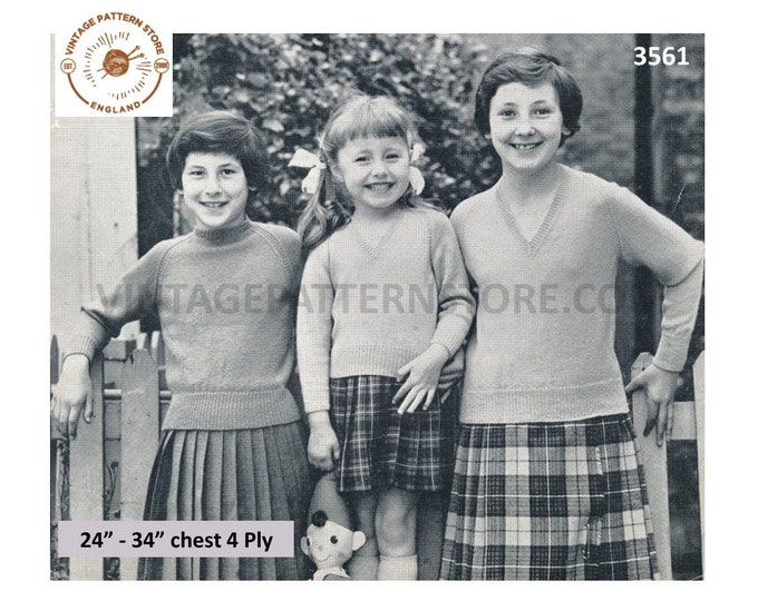 Girls 50s vintage plain and simple easy to knit crew or V neck 4 ply raglan sweater jumper pdf knitting pattern 24" to 34" Download 3561