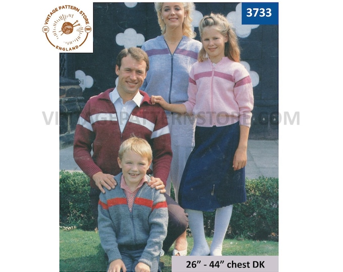 Ladies Womens Mens Boys Girls 80s Family vintage DK zip up zipped raglan track suit top jacket pdf knitting pattern 26" to 44" Download 3733