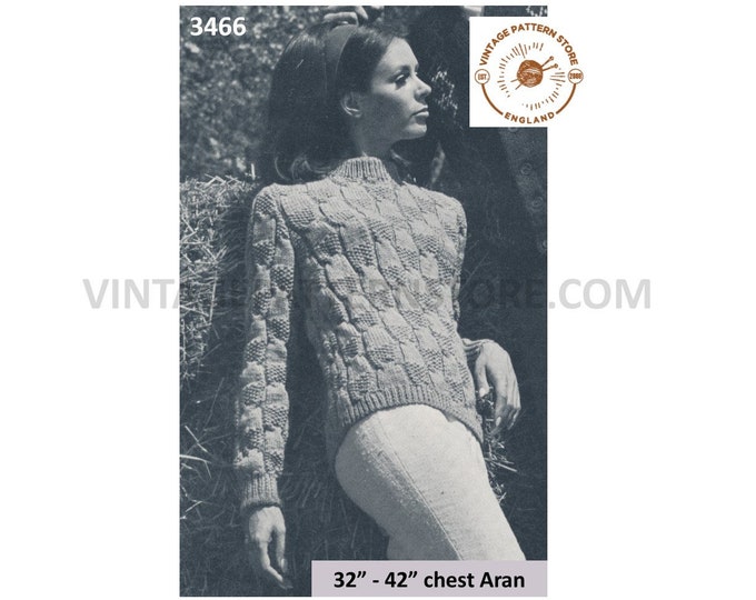 Ladies Womens 60s vintage 4 ply or aran crew neck cabled cable & texture raglan sweater jumper pdf knitting pattern 32" to 42" Download 3466