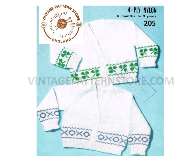 Baby Babies Toddlers 80 vintage clover leaf fair isle banded 4 ply raglan cardigan pdf knitting pattern 6 mths to 3 years PDF download 205