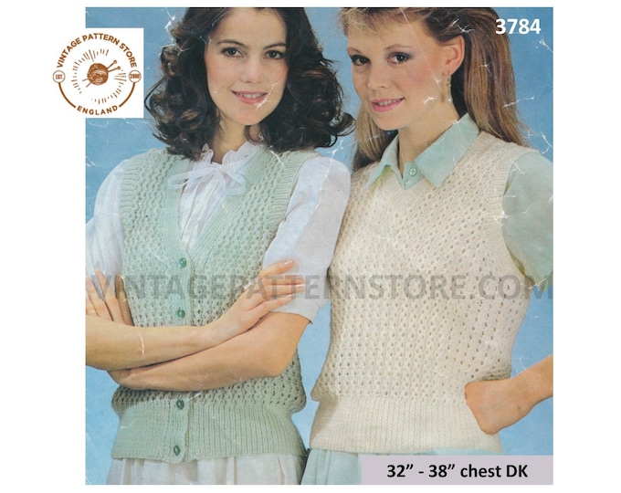 Ladies Womens 80s vintage easy to knit DK cable rib V neck waistcoat slipover sweater vest pdf knitting pattern 32" to 38" PDF download 3784