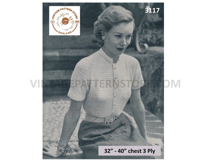 Womens 50s vintage 3 ply round neck ridge cable cabled short sleeve Summer cardigan pdf knitting pattern 32" to 40" bust Download 3117