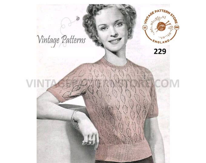 Ladies Womens 40s vintage 2 ply round neck short sleeve lacy Summer sweater jumper blouse pdf knitting pattern 34" chest PDF download 229