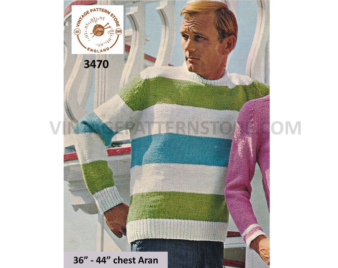 Mens Mans 60s vintage crew neck striped raglan aran sweater jumper pullover pdf knitting pattern 36" to 44" Instant PDF download 3470